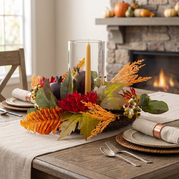 Northlight Mums with Pomegranate Fall Harvest Pillar Candle Holder Centerpiece - 22"