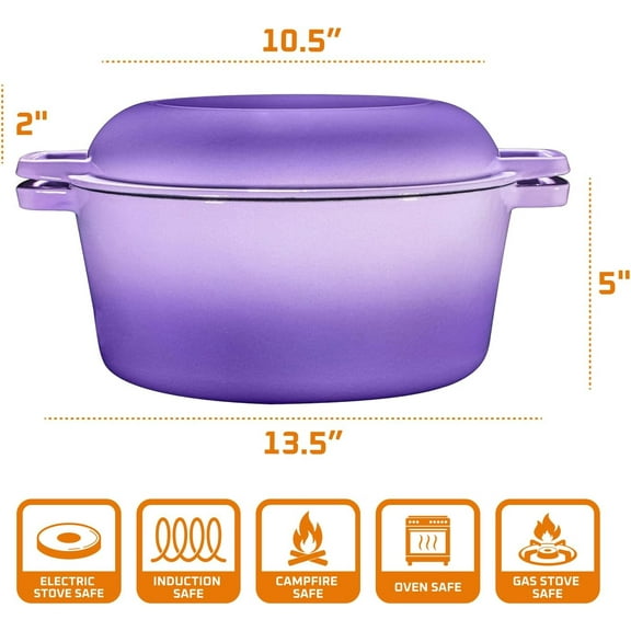 2-in-1 Enamel Cast Iron Dutch Oven with Handles - Crock Pot Cookware for Casserole and Braising
