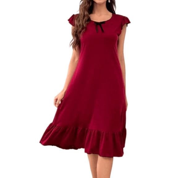 Kaemgyyd Nightgowns for Women Cap Sleeve Crew Neck Night Gowns Flowy Ruffle Hem Sleepwear Elegant Home Loungewear(Red,X-Large)
