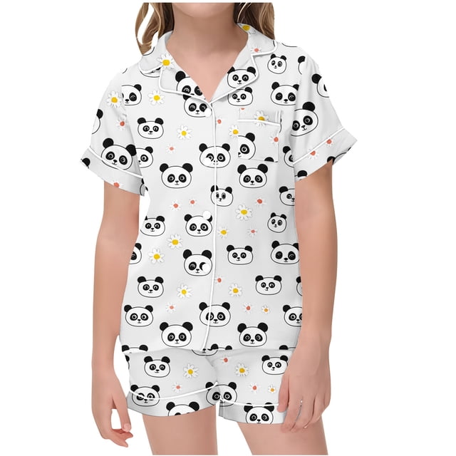 Odeerbi 2-12 Años Pijama de Satén de Verano Para Niña Con Solapa de Muesca, Camisas de Manga Corta, Pantalón Corto, Estampado de San Valentín, Ropa de Dormir