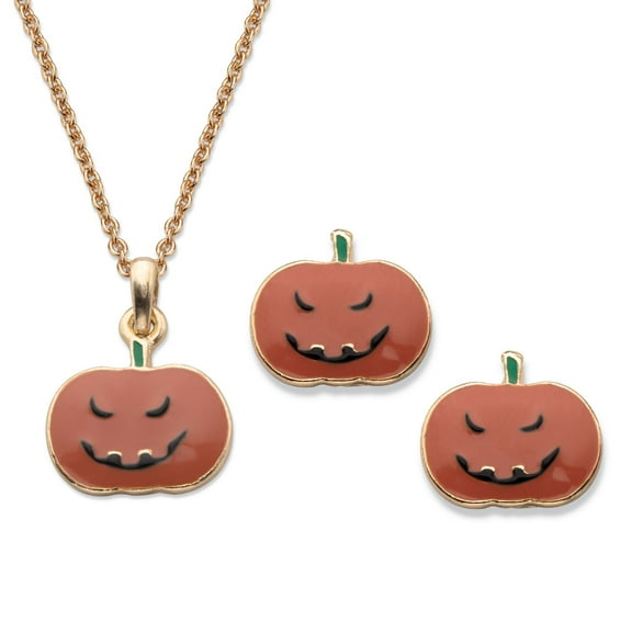Halloween 2-Piece Set Pumpkin Pendant Necklace and Earrings in Gold Tone 16"-18"