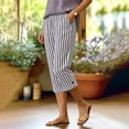 thumbnail image 6 of Lenpel Cotton Linen Capri Pants for Women Lightweight Striped Elastic Waist Cropped Trousers Fashion Side Slit Button Capris, 6 of 7