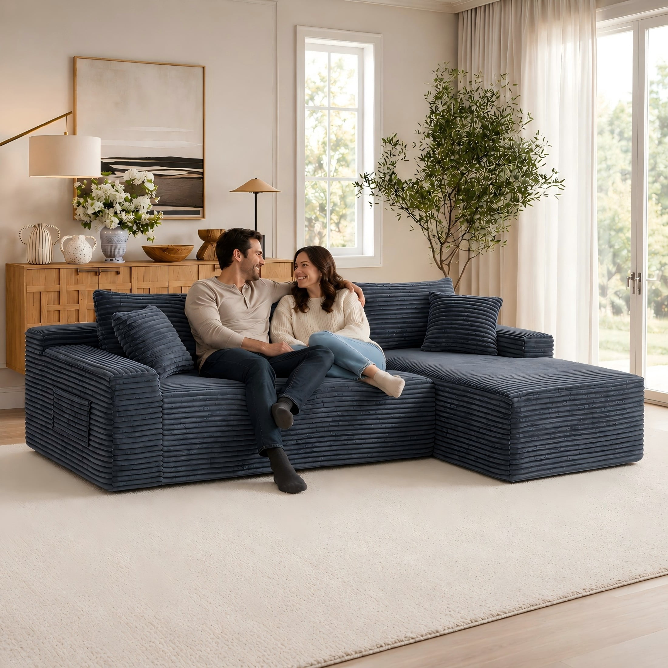 Aukfa 107" Cloud Modular Sectional Couch with Right-Facing Chaise, Corduroy Deep Seat Boneless Sofa for Living Room, Apartment, Gray