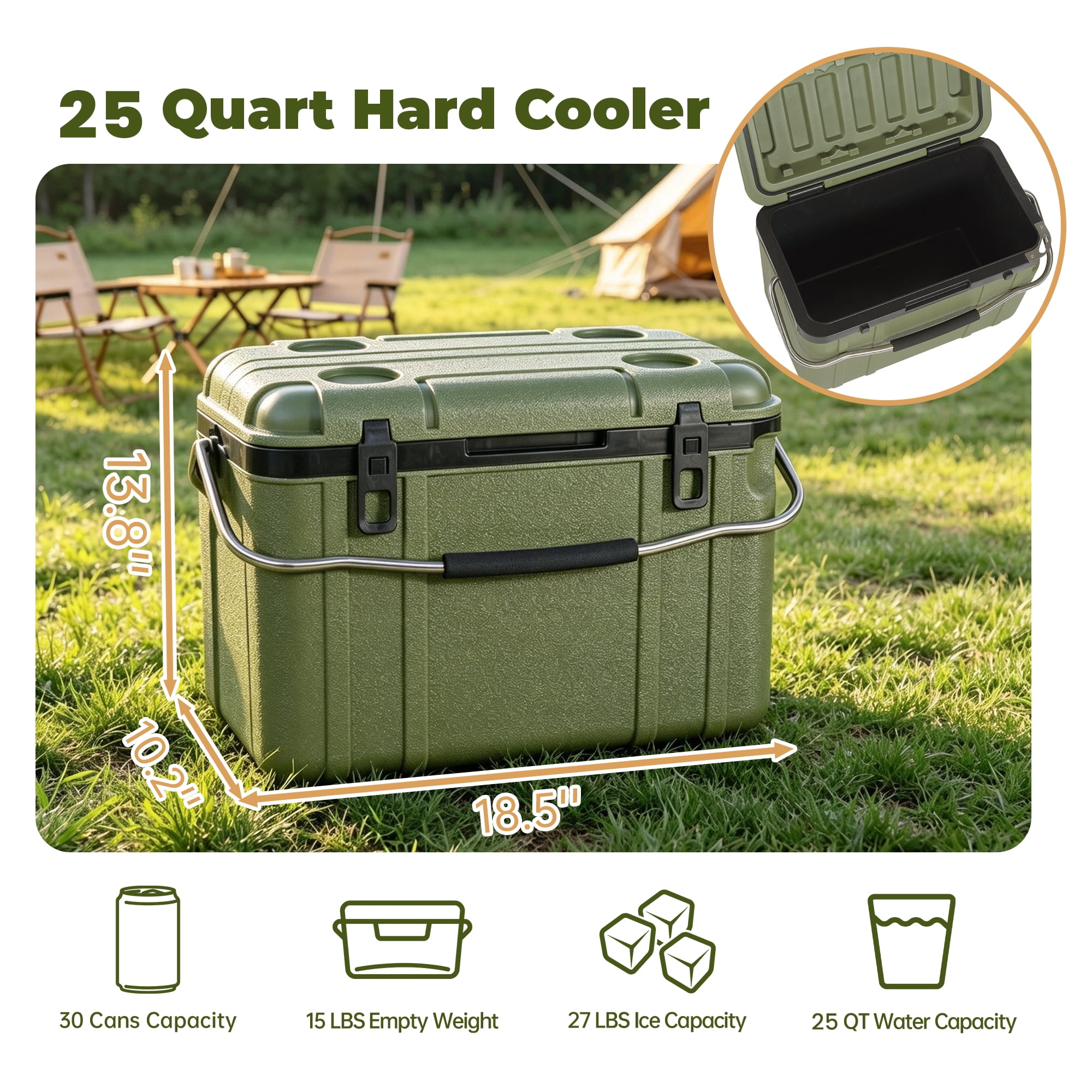 Cooler 25 Quart with 5-7 Day Ice Retention, Hard Shell Ice Chest and Portable Cooler for Camping Tailgating Outdoor Adventures, Dark Green