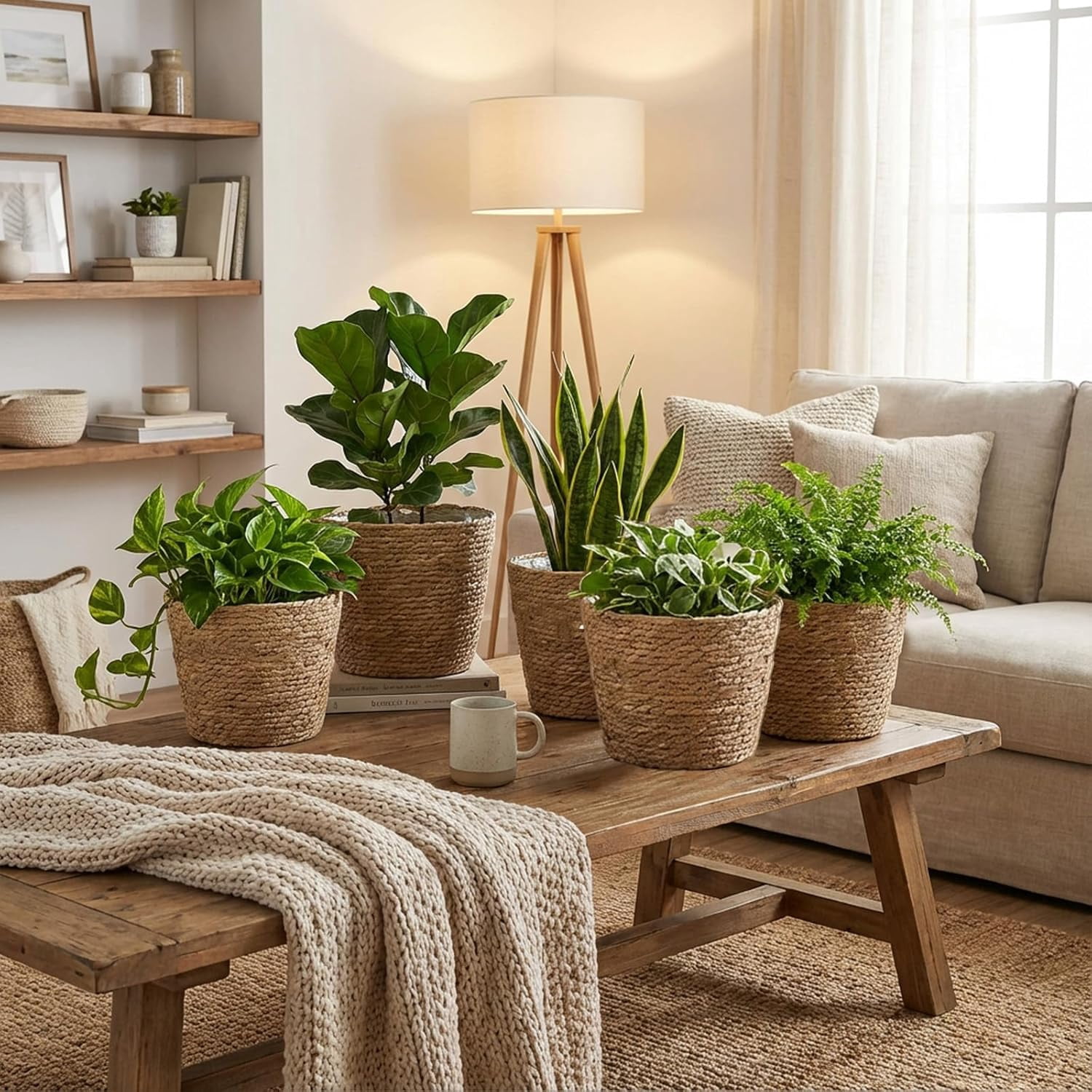 HoliHive 5 Pcs Large Premium Seagrass Planter Basket - Stylish Planter Baskets Woven Wicker Baskets with Plastic Lining for Indoor Outdoor Flower Plants Pots Cover Room Decor