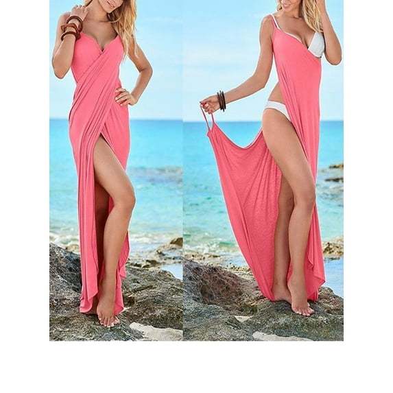 Plus Size Women's Spaghetti Strap Beach Dresses Cover Up Bikini Cover Up Wrap Swimsuit V-Neckline Backless Long Dress