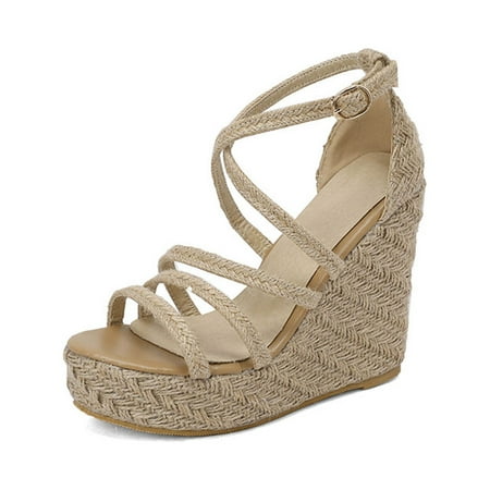 

TUOBARR Wedge Sandals for Women Women s Summer Sandals Imitation Grass Woven Bohemian Fish-mouth Wedges Khaki