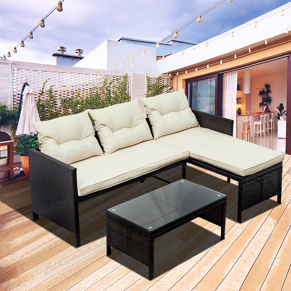Wicker Patio Sets, 3 Piece Patio Furniture Sofa Sets with Lounge Chaise Chair, Loveseat Sofa, Coffee Table, All-Weather Patio Conversation Set with Cushions for Backyard, Garden, Poolside - image 2 of 10
