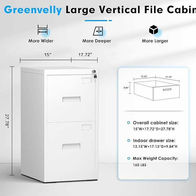 SOLAURA  18" Deep 2 Drawer Vertical Letter File Cabinet, White