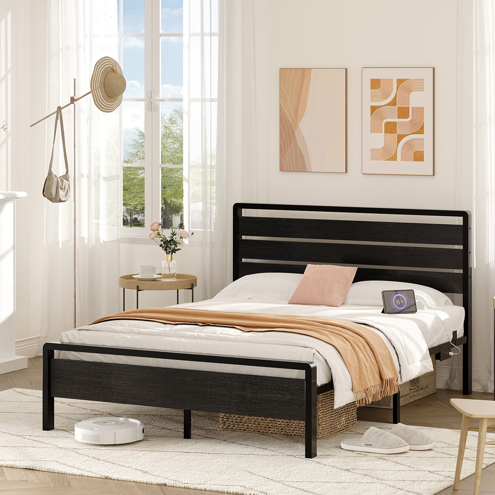 Zimtown Full Platform Bed Frame with 12-Inch Under-Bed Storage, LED Lighted Headboard & Footboard, Modern Apartment Bedroom,Black