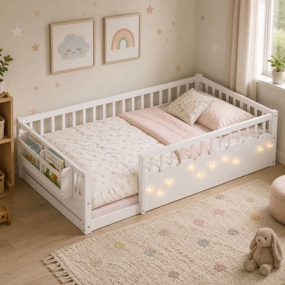 Bellemave Twin Montessori Floor Bed with Bookshelf, Wood Floor Bed with Slats, Fence, Light Strip, Low-Profile Toddler Bed Frames for Kids, Twin Size Bed Frames, Easy Assembly, White