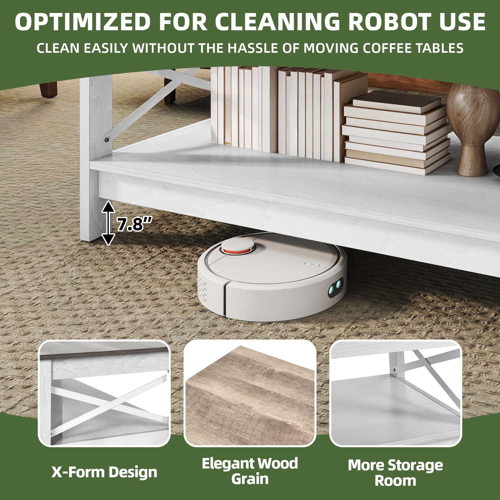 Uforic 39.4 Inch Rectangular Coffee Table with Side X-Support Frame, Thickened Legs & Floor Protection Footpads, Gray