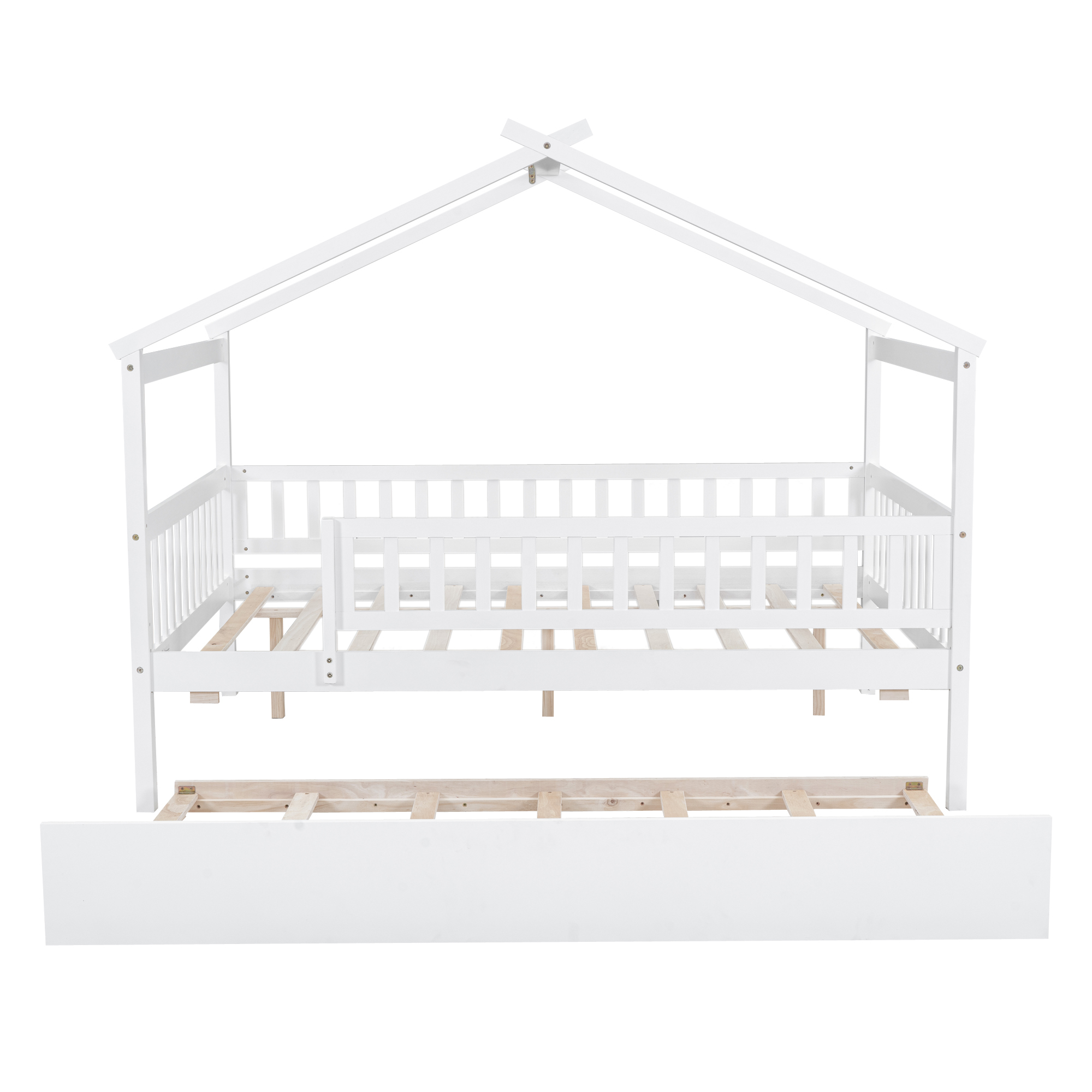 Euroco Full Size House Bed with Trundle, Canopy Low Profile Bed for Kids, White