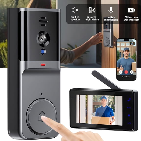 Wireless Doorbell Camera with Chime, Video Doorbell with Monitor, 2-Way Audio, 2.4G Instant Alert, Motion Detection, Night Vision