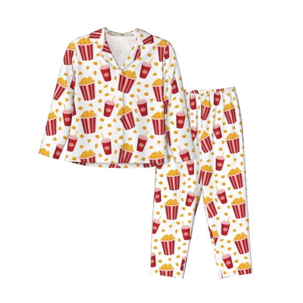 Balery Popcorn Conjunto de Pijama con Estampado para Mujer, Conjunto de Dos Piezas con Manga Larga, Ropa de Dormir Suave con Bolsillos, Pijamas Cómodos-Small