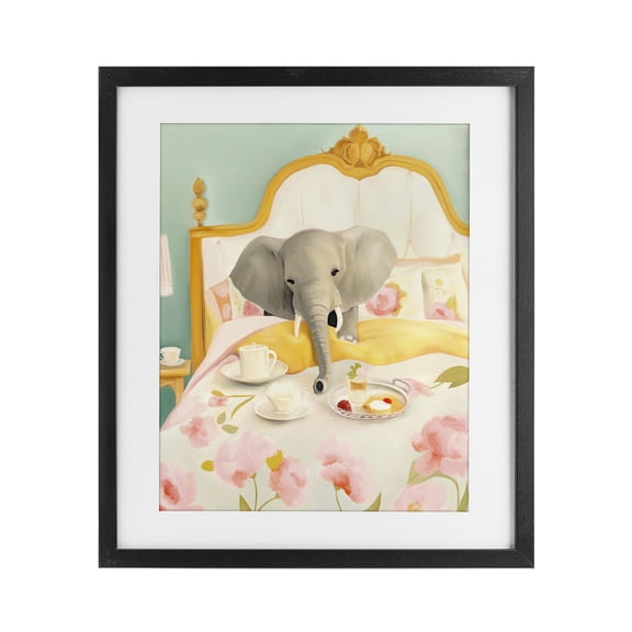 Breakfast in Bed Elephant Black Framed Print Under Glass, design by Leah Straatsma
