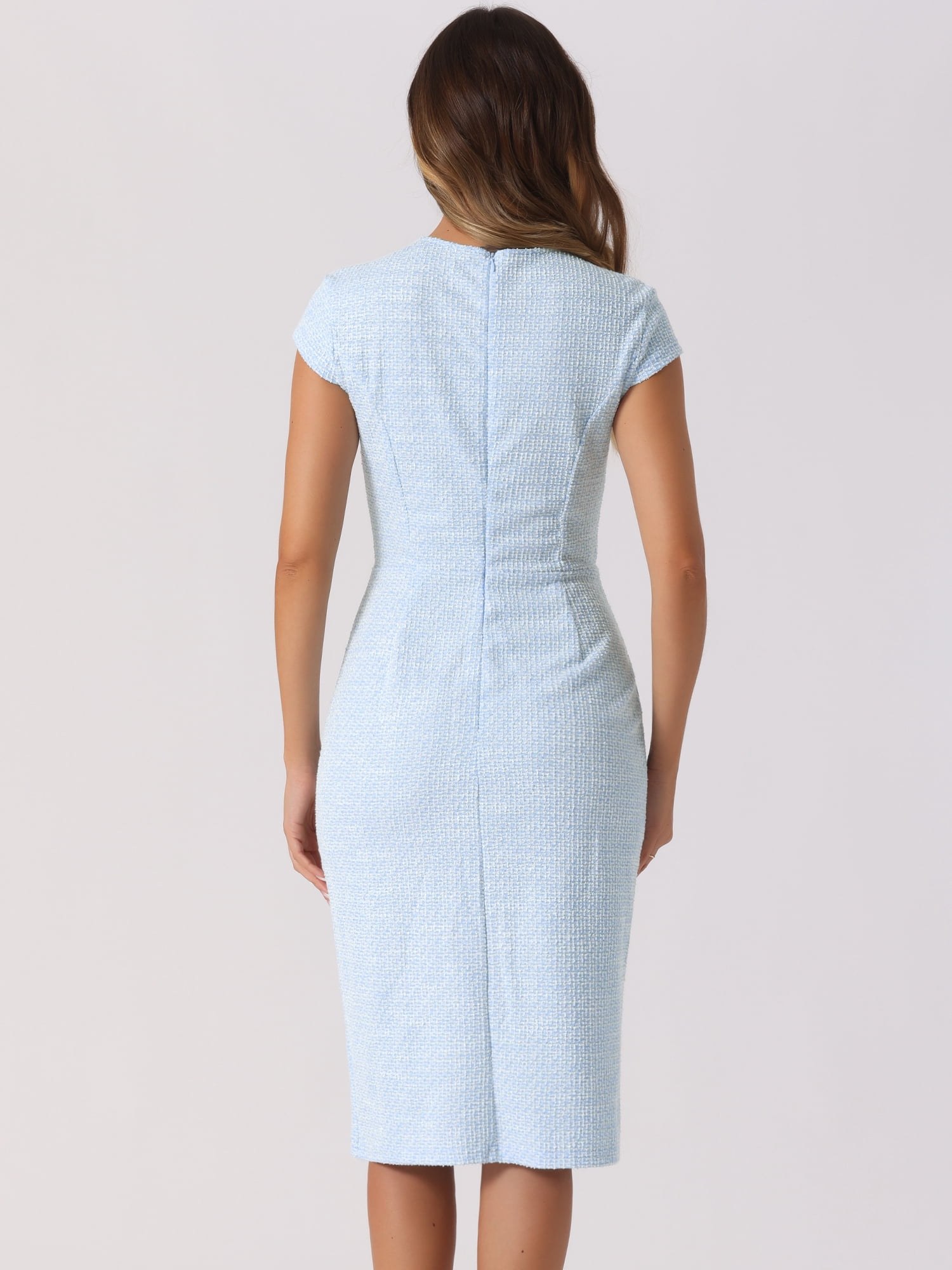 DARING DIVA Cap Sleeve Front Side Split Elegant Tweed Dress L Light Blue