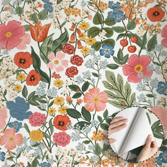 Boho Vintage Floral Wallpaper Peel and Stick Waterproof, Colorful Wild Flower Farmhouse Wall Paper for Home Decor, Removable Contact Paper for Bedroom Living Room Kitchen Cabinet 17.7 * 118 in