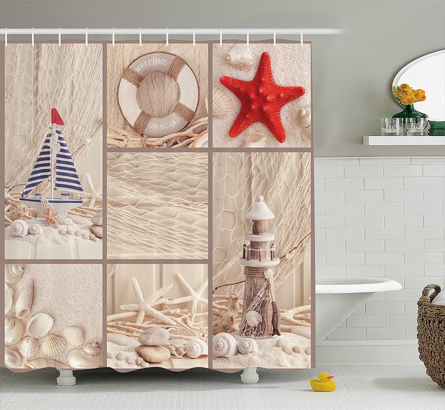 Nautical Shower Curtain by , Marine Sail Boat Lifebuoy Starfish ...