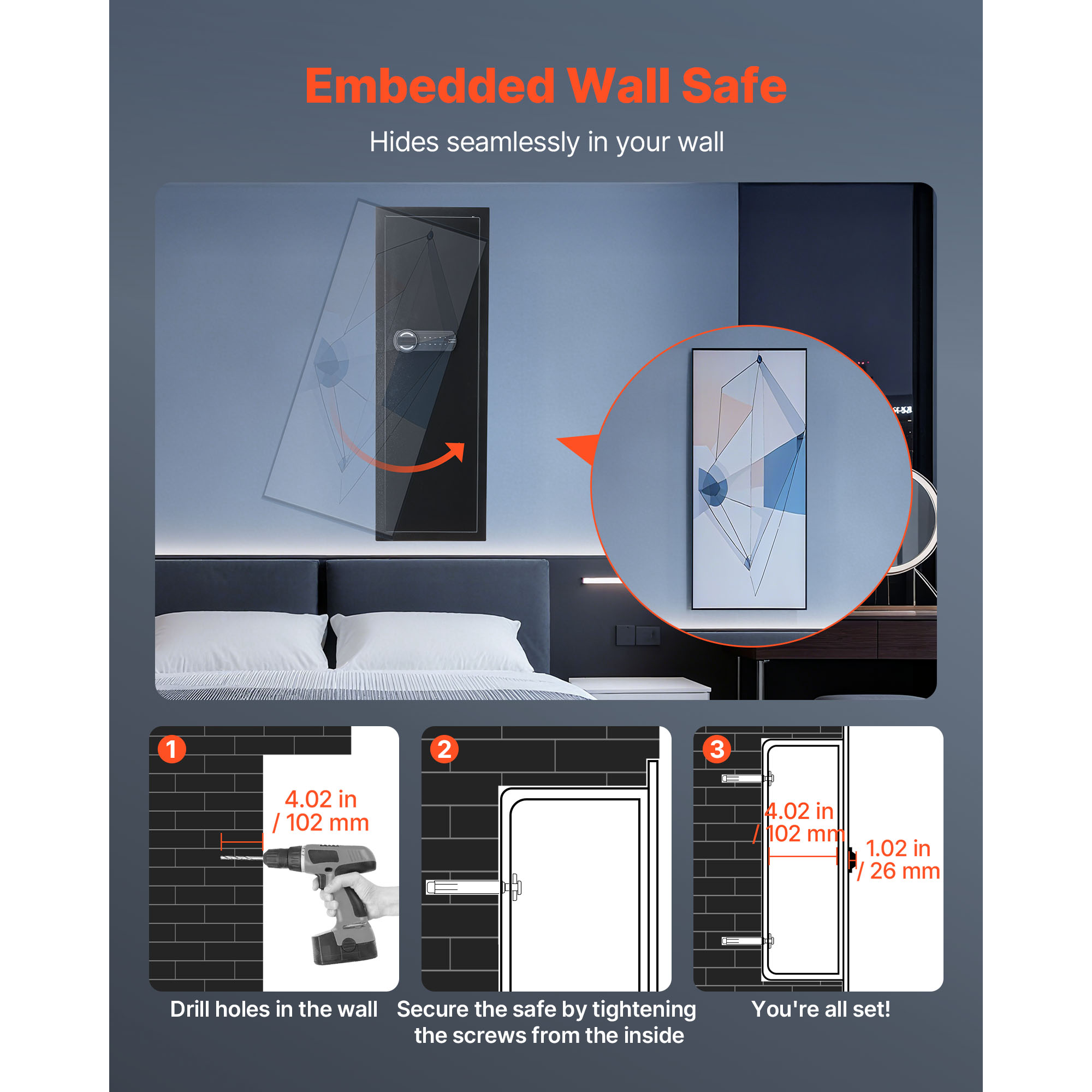 KFFKFF Wall-Mounted Safe with Password & Key, 4-Tier Hidden Design, Q235 Cold-Rolled Steel Construction, LED Lighting, Adjustable Shelves & Key Holders for Valuables, Black