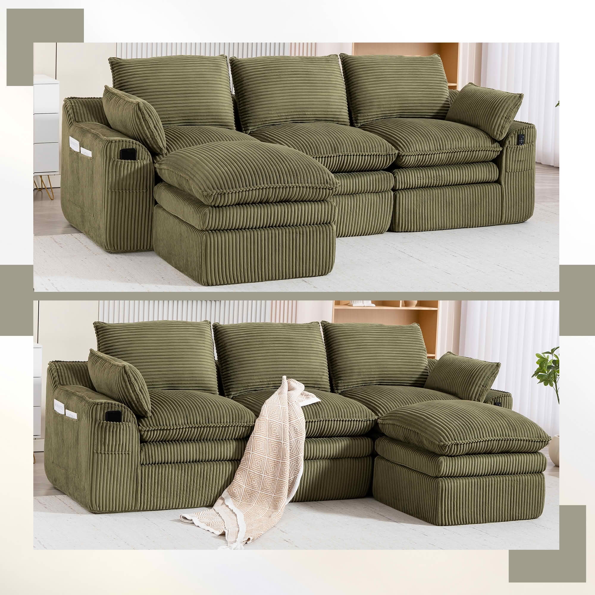MAYEERTY Modular L Shape Corduroy Sectional Sofa, Compressed Boneless Cloud Couch with Footstool & Pillows for Small Living Space