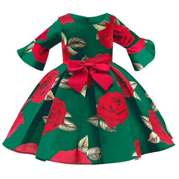 Odeerbi Princess Dresses For Girls Formal Dress Toddler Satin 2025 Long Sleeve Dress Bowknot Rose Print Birthday Party Gown Long Dresses Green