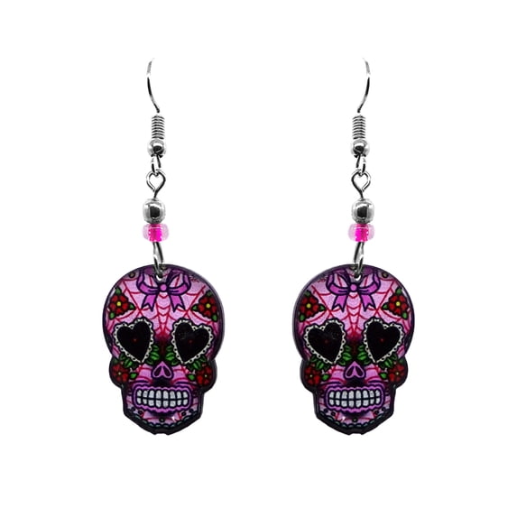 Day of the Dead Sugar Skull Holiday Graphic Dangle Earrings - Womens Fashion Handmade Jewelry Themed Accessories