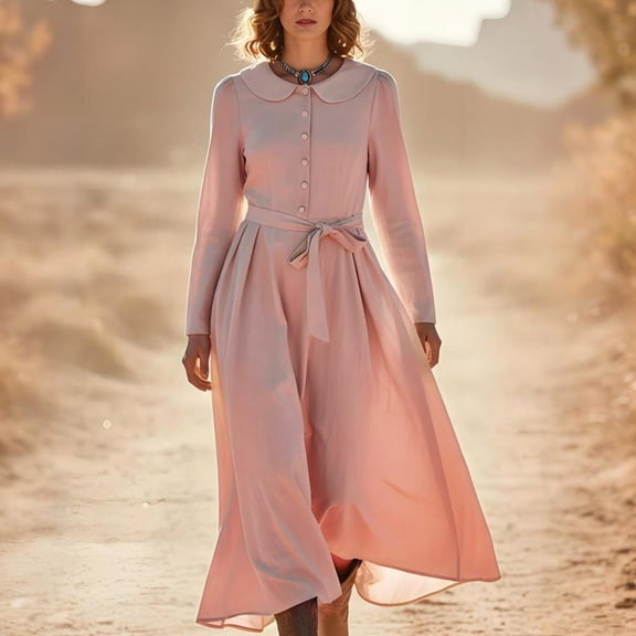 BLTIBY Women's Cute Maxi Dress Casual Long Sleeved Solid Color Spring Autumn Temperament Button up Party Dresses with Belt Pink S