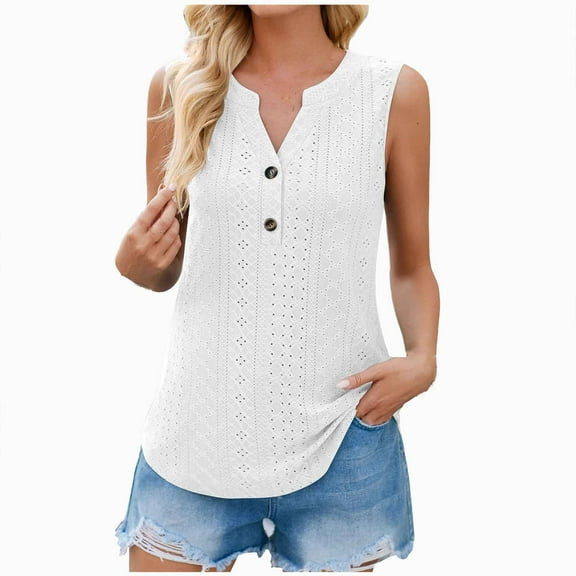 Jewelreauty Summer Tank Tops for Women Button V Neck Casual Sleeveless Tunic Tees Loose Fit Outdoor Shirts (S, White)