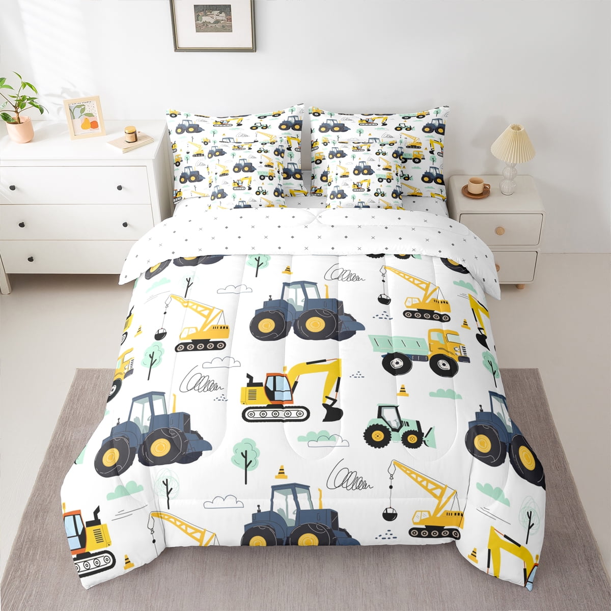 Homewish Crane Bulldozer Excavator 7pcs Bedding Comforter Set,Equipped Truck Queen Bedding Sets,White Yellow Queen Sheet Sets,Microfiber Bedroom Decor