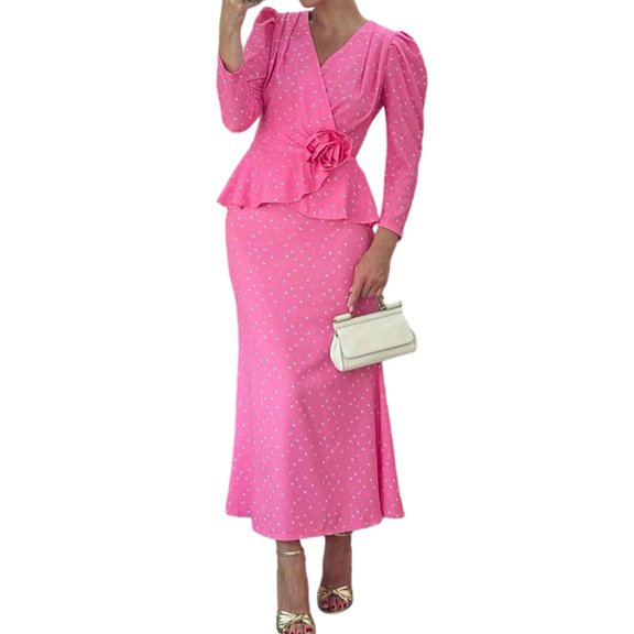 Women 2 Piece Vacation Outfits Long Sleeve Top and Long Skirt Summer Set Pink S