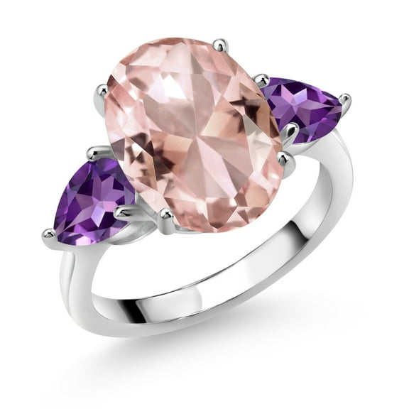 Gem Stone King 925 Sterling Silver Peach Nano Morganite and Purple Amethyst Ring for Women (10.48 Cttw, 14X10MM Oval and 7X5MM Pear Shape, Gemstone October Birthstone, Size 7)