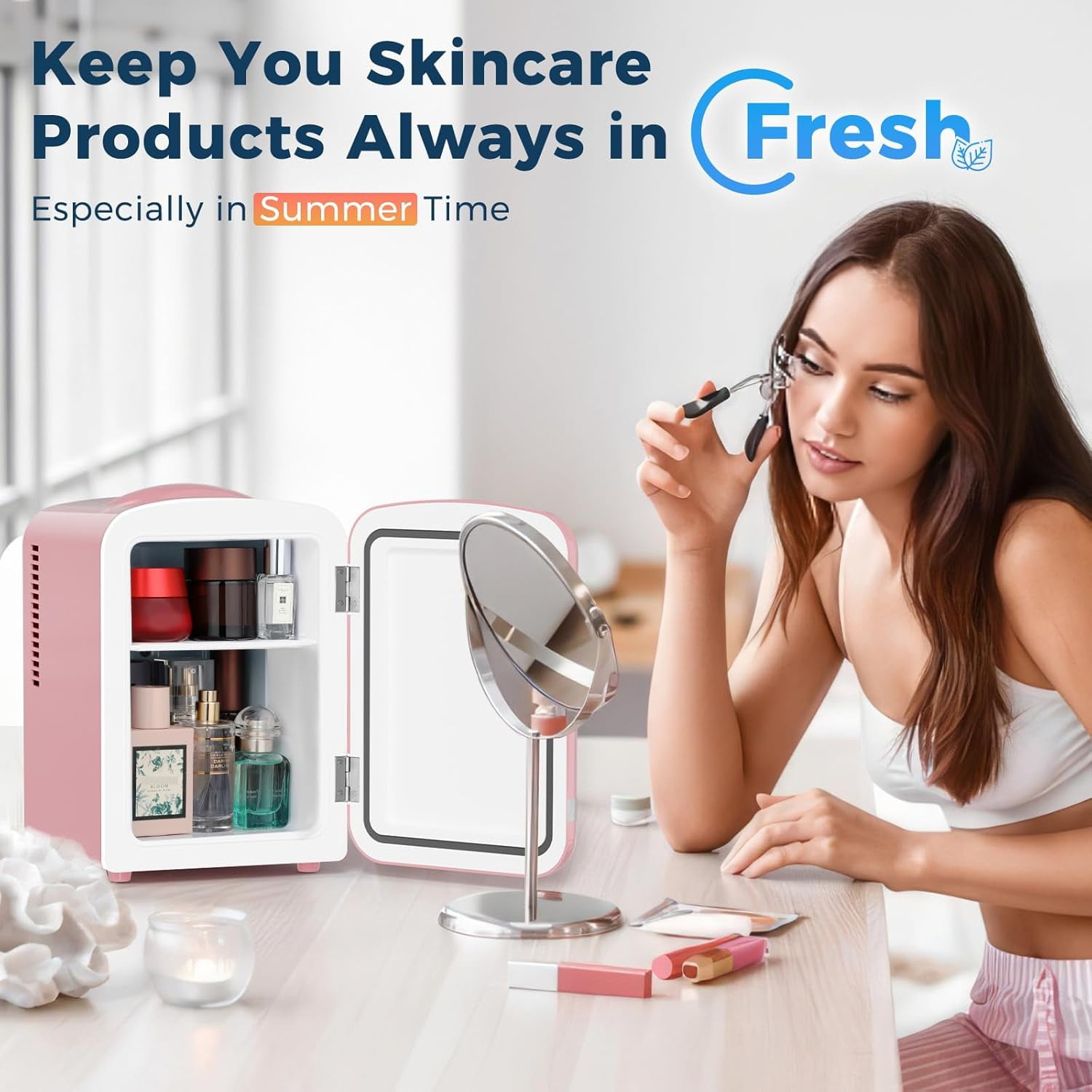 Mini Fridge,4 Liter / 6 Can Small Refrigerator No Freezer for Bedroom,Car,Office & Dorm,AC100-120 V/DC 12 V Portable Thermoelectric Cooler & Warmer for Skincare,Food,Drinks,Wine,Beverage - Pink