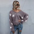 thumbnail image 3 of Star Pattern V Neck Long Sleeve Frayed Hem Sweater for Women, 3 of 3