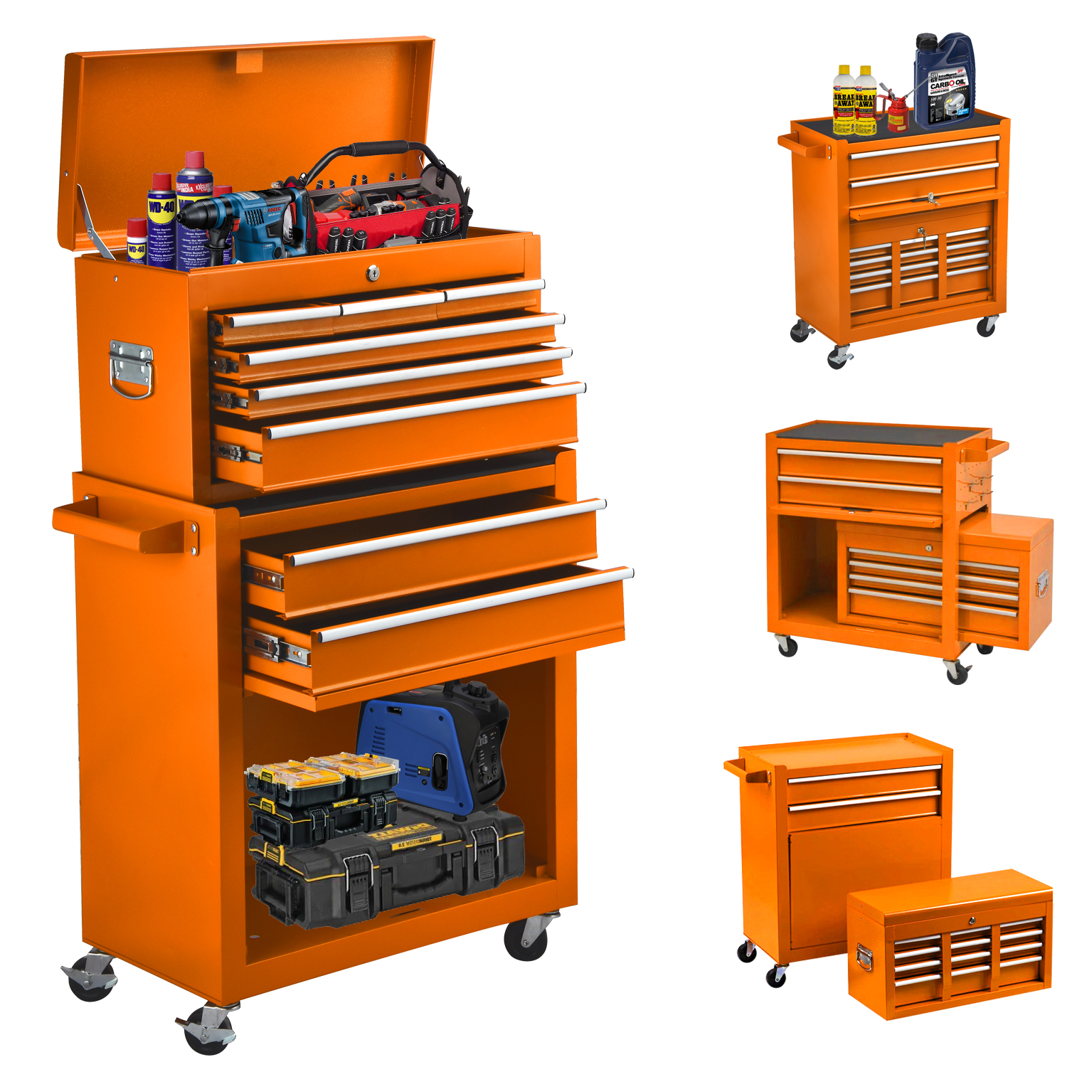 8-Drawer Tool Chest with Wheels, Tool Storage Cabinet and Tool Box, Lockable Rolling Tool Chest with Drawers, Toolbox Organizer for Garage Warehouse Workshop (Orange) - image 1 of 8