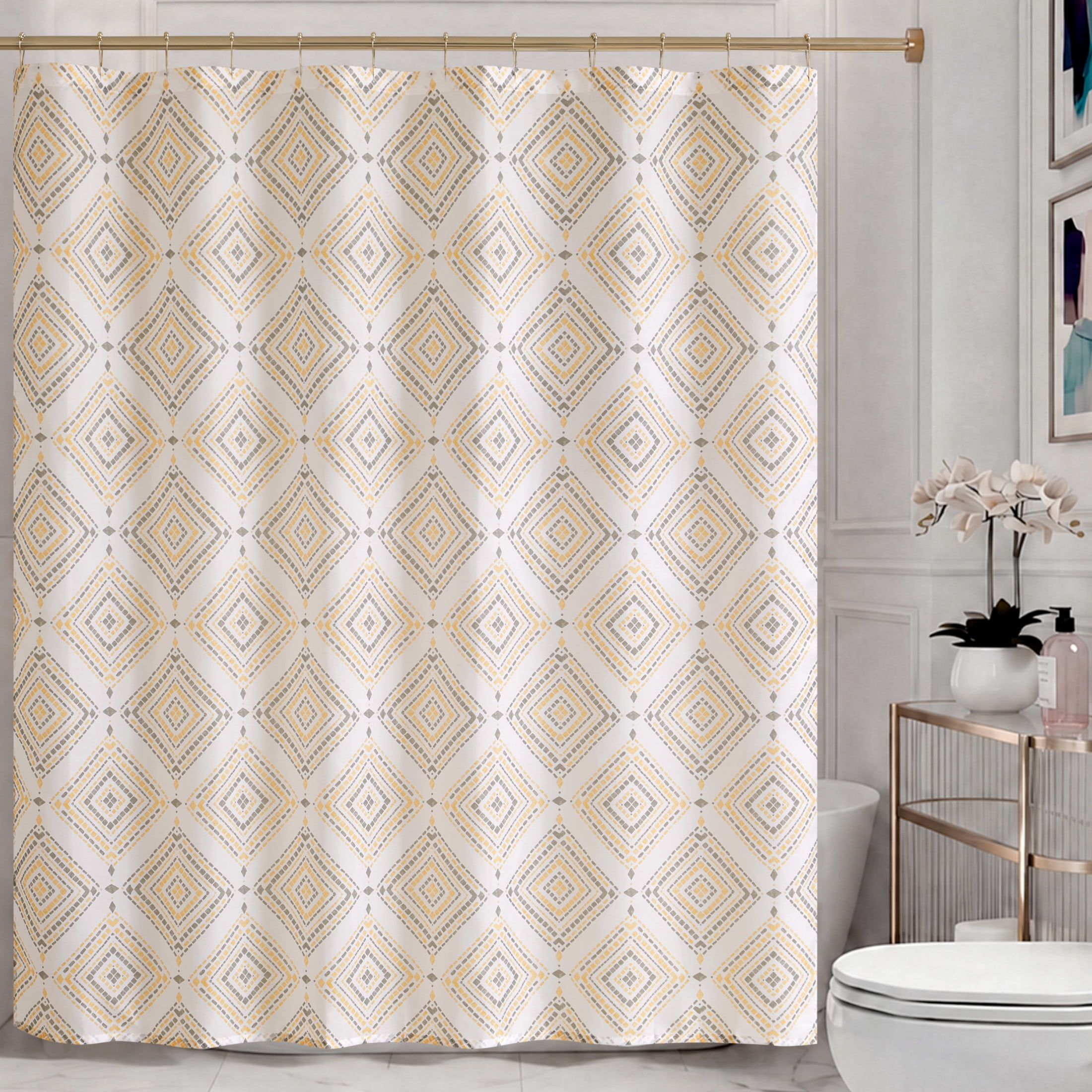 CHI Jericho Shower Curtain with Hooks and Rugs Modern Washable 72" W x 72" L 15-Piece Set