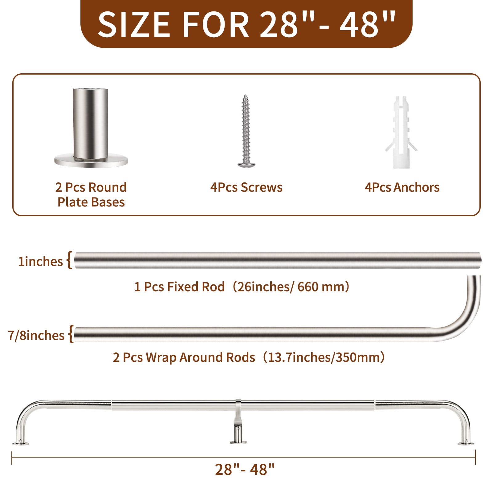 Meriville 1-Inch Diameter Wrap Around Blackout Curtain Rod, 28-Inch to 48-Inch, Brushed Nickel Finish with Round Base