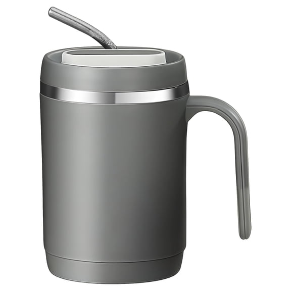 2 Pcs Gray 16.9oz Coffee Mug with Handle, 304 Stainless Steel Vacuum Insulated Cup, Leak-Proof Lid & Straw Included, 5.1 x 3.4 x 3.0 in / 13 x 8.7 x 7.5 cm for Office, Home, and Travel