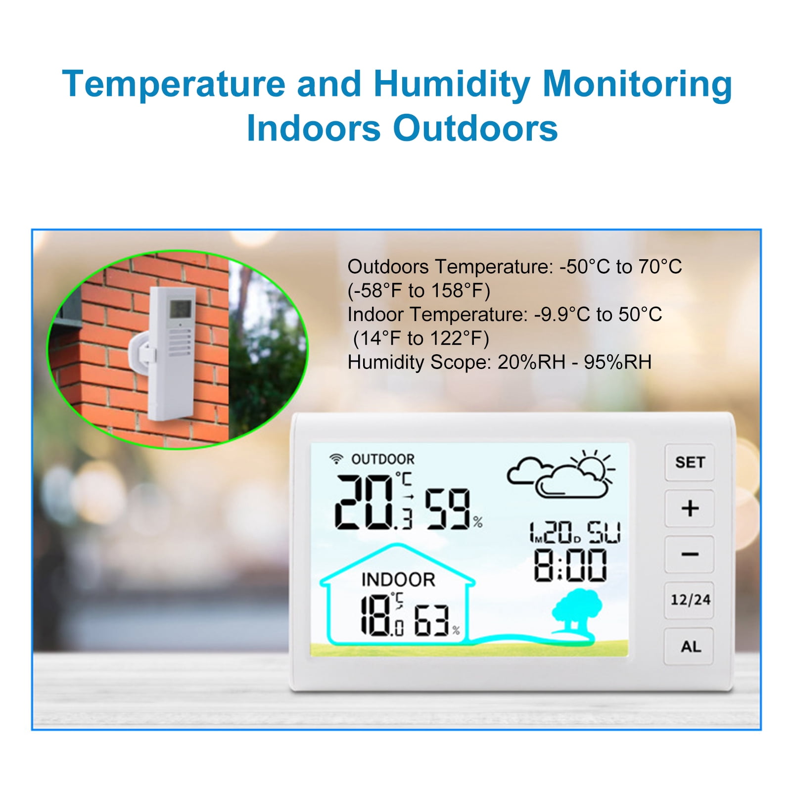 Riousery Wireless Weather Station Indoors Outdoors Temperature Humidity Display Clock Alarm with Adjustable Backlight, 5.3x3.3 inches / 13.5x8.4 cm