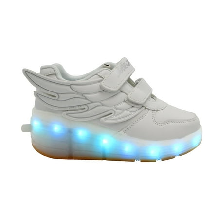 LED Light Up Rolling Wings Sneakers Kids Low Top USB Charging Boys Girls Unisex Shoes White