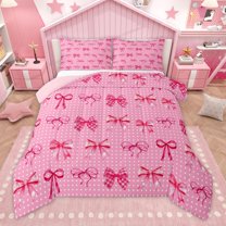 Manfei Kawaii Ribbon Bow Knot 2pcs Bedding Comforter Set for Girls Female Children,Polka Dots Twin Comforter Sets,Dreamy Princess Breathable Bedding Set,Microfiber Bedroom Decor,Reversible