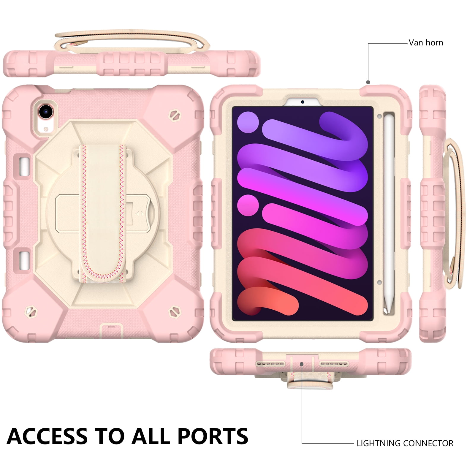 Case for iPad Mini 6 2021 8.3-inch, Kids Shockproof Rugged Hybrid 360 Rotating Stand Cover with Hand Shoulder Strap/Pencil Holder