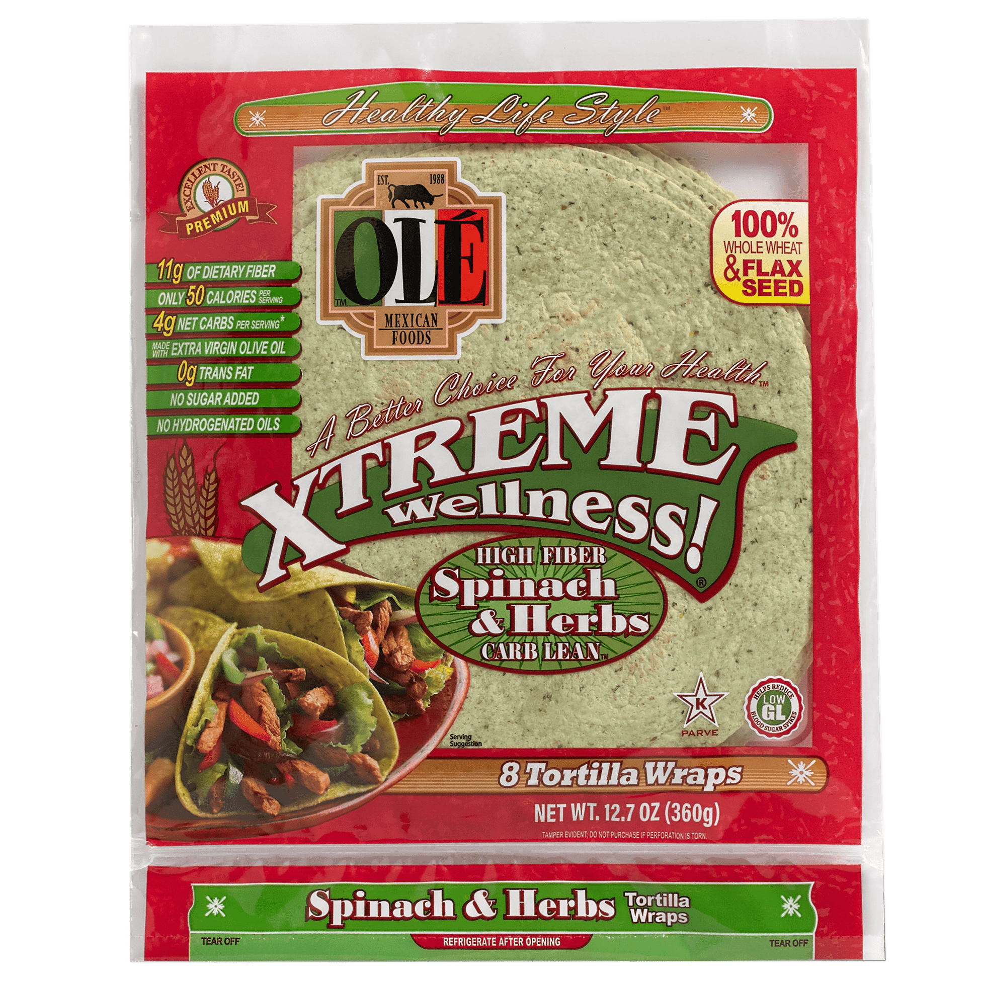 Ole Xtreme Wellness™ 8" Spinach & Herbs Tortilla Wraps - Carb Lean, Keto Friendly - 8 Count, 12.7 oz. - 6 Packs - Low Carb Tortillas