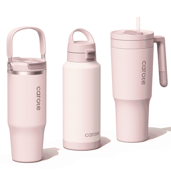 Carote 3PCS Insulated Stainless Steel Tumbler Set with Handles, 40oz,32oz*2, Leak-Proof Travel Mugs, Double Wall Vacuum, Pink