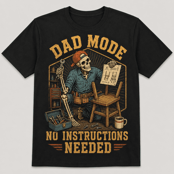 Men's Dad Mode No Instructions Needed T-Shirt, Funny Skeleton Handyman Garage Graphic Short Sleeve White Tee