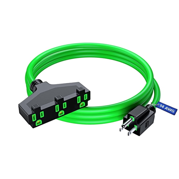 Maximm Heavy Duty Indoor Extension Cord with 3 Outlet Power Splitter, 14 Gauge Sjtw Grounded Cable, 3 ft, Green