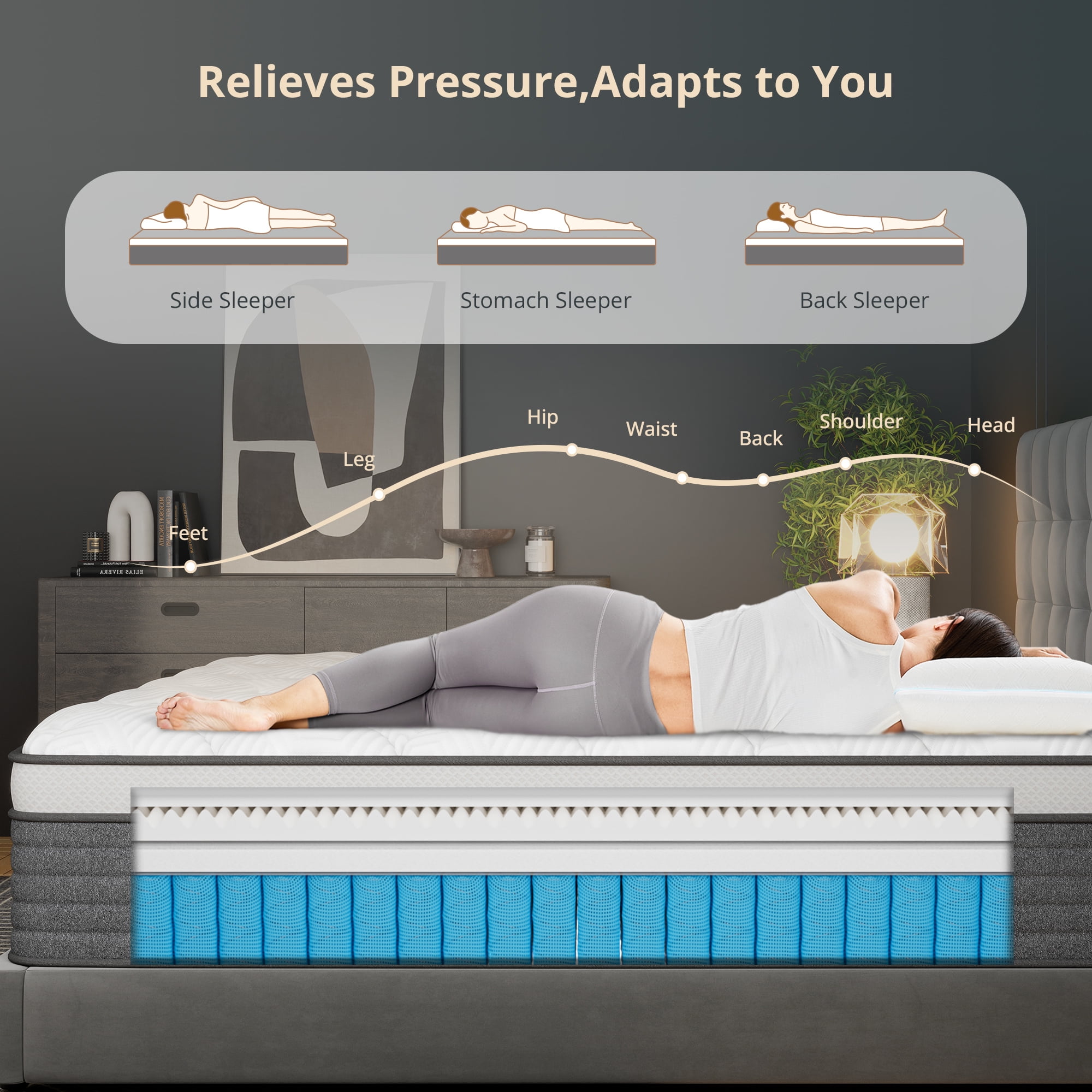 EGOHOME Full Size Mattress in a box 14" Hybrid with Pocketed Springs, Medium, Pressure Relief, Reinforced Edge with handles