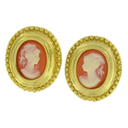 - Orange Cameo Antiqued Gold Tone Oval Button Pierced Earrings 3/4