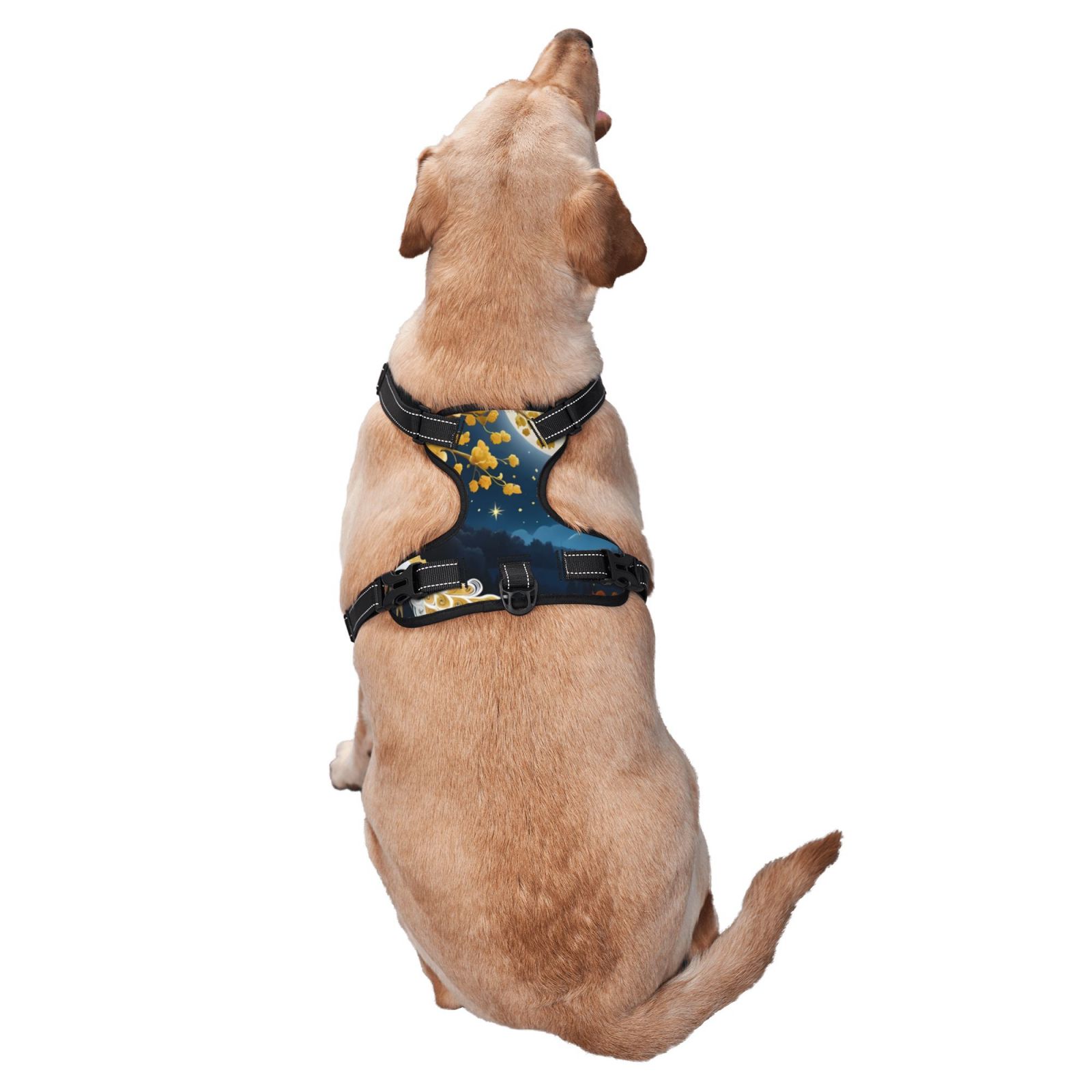 Vsdgher Moonlit Golden Tree Peacock Pattern Dog Harness,No Pull Pet Harness with Soft Padded Handle,Adjustable Reflective Vest with 2 Buckles,4 Slide Buckles,S-XL Small