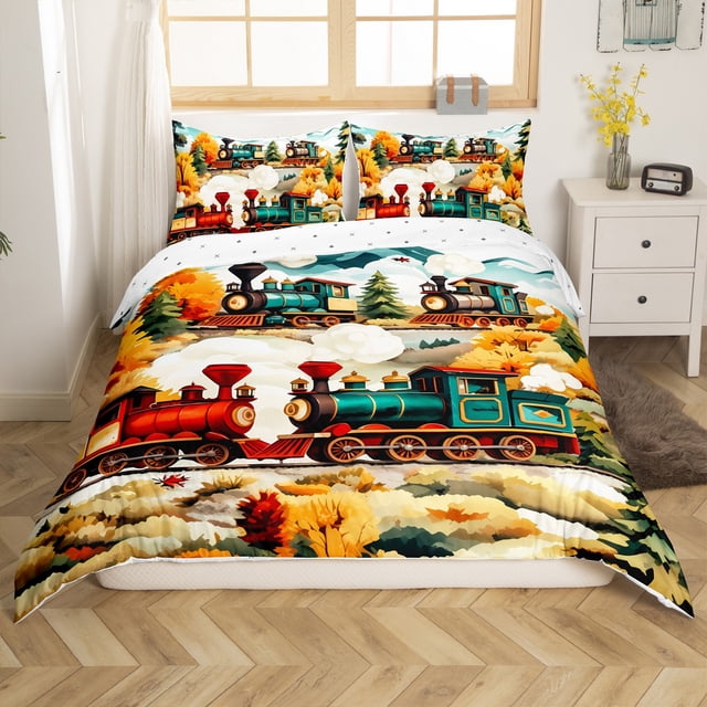 Erosebridal Railyway Train Duvet Cover Queen,Transportation Theme Bedding Sets Queen Size,Autumn Fall Comforter Cover Queen,Super Cozy Cartoon Room Decor,Reversible,3 Pieces(No Comforter)